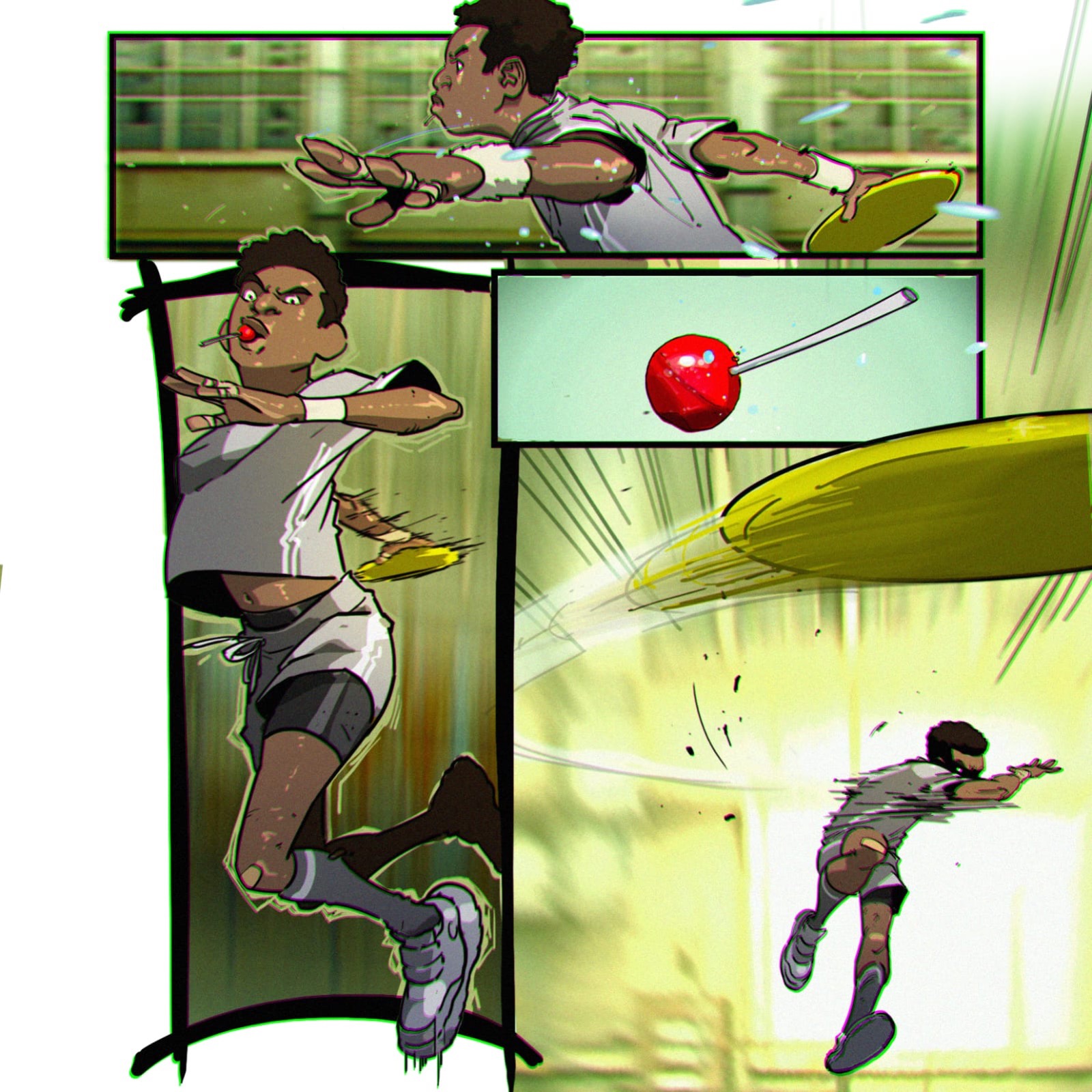 UFO concept page: a boy with a lollipop dives for a frisbee